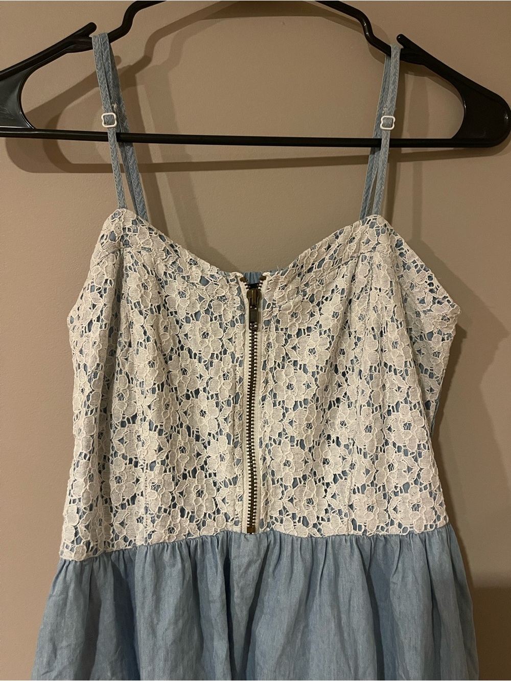 White Lace Front-Zip Camisole sundress with Light Blue denim bottom